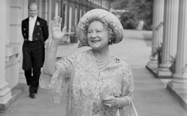 Queen Elizabeth, the Queen Mother (1900 - 2002), waves to the crowd who have gathered outside Clarence House, her London home, to wish her a happy 78th birthday, UK, 4th August 1978.
