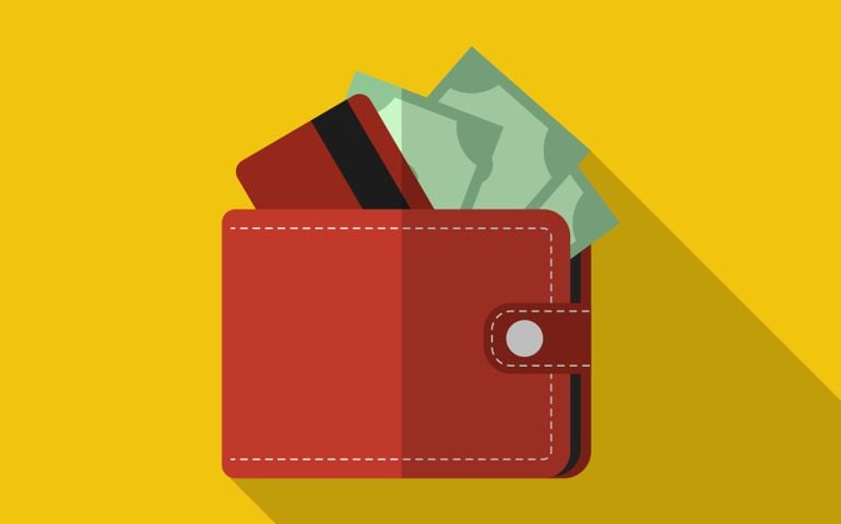 Flat red wallet with card and cash. Vector illustration, icon with long shadow