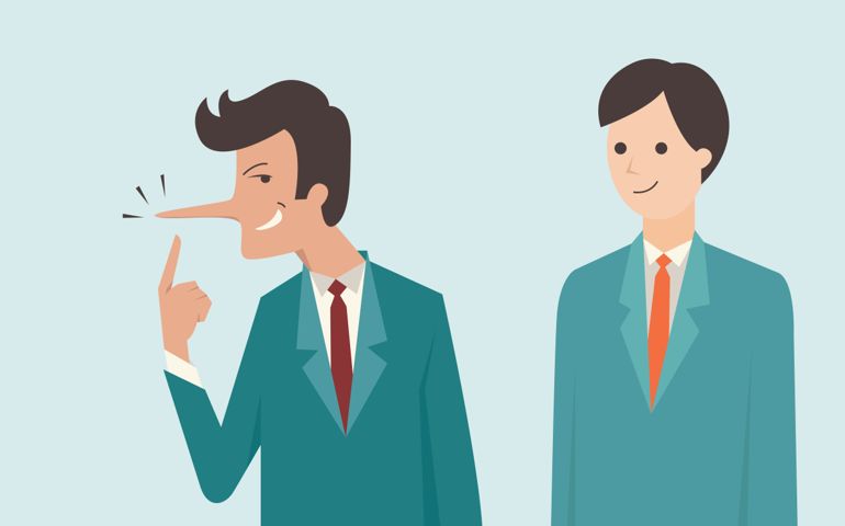 Liar businessman who has long nose with his cheating facial expression