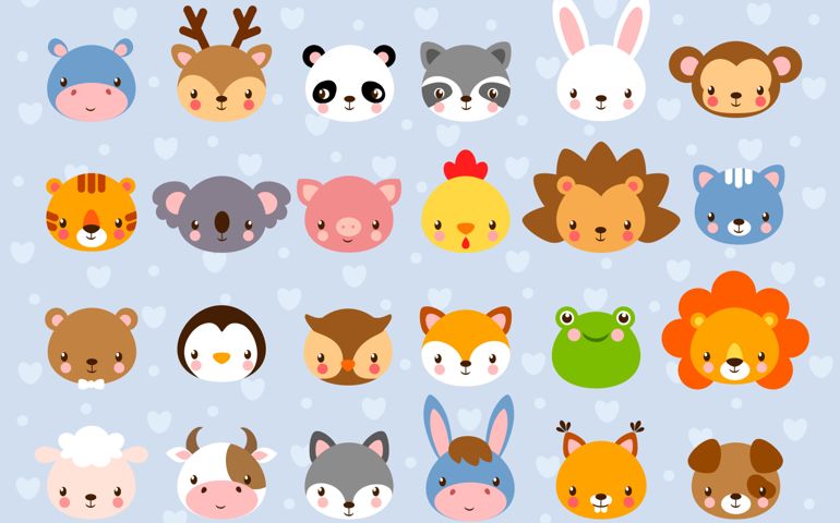 Collection of cute baby animals in cartoon style on a blue background
