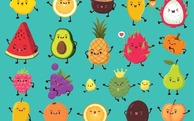 Vintage food poster design with vector lemon, passion fruit, mango, dragon fruit, avocado, pineapple, pumpkin, cherry, grapes, durian, pear, orange, peach character