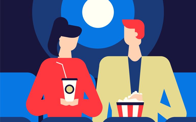 Couple at the cinema - flat design style colorful illustration. High quality composition with male, female characters, boy and girl watching movie, eating popcorn, drinking soda. Entertainment concept