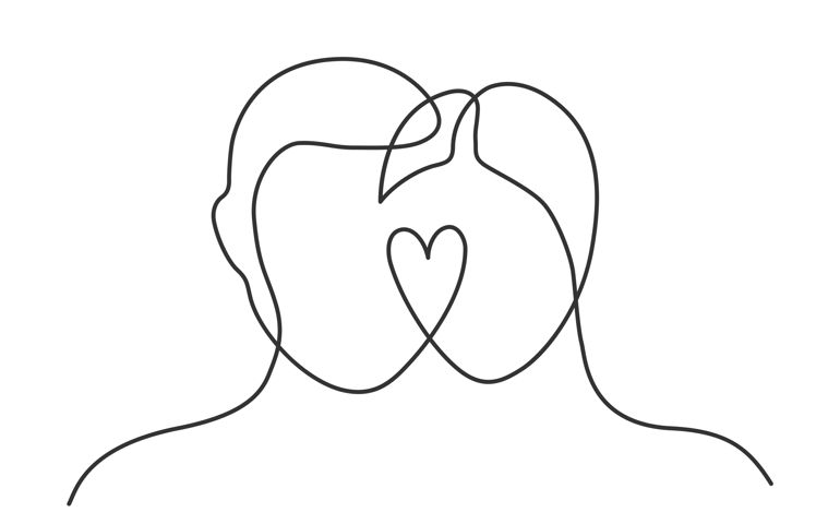 Continuous line drawing of man and woman heads with heart on white background. Vector illustration