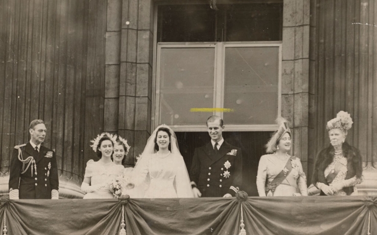 Members of the British royal family on the balcony at Buckingham Palace after the wedding of Princess Elizabeth and Philip Mountbatten (later Queen Elizabeth II and Prince Philip, Duke of Edinburgh), London, 20th November 1947. Left to right: King George VI, Princess Margaret, Lady Mary Cambridge, Elizabeth, Philip, Queen Elizabeth (later Queen Mother) and Queen Mary.