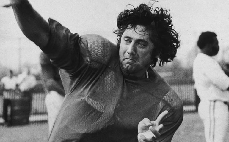 New York Jets quarterback Joe Namath throws the football during practice before an exhibition game, August 18, 1972.
