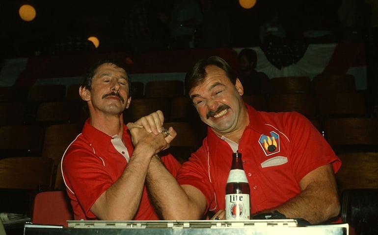 NEW YORK, NY - DECEMBER 2: (left to right) NY Yankees Manager Billy Martin and football great and broadcaster Dick Butkus tape a Miller Lite commercial December 2, 1981 in New York City.