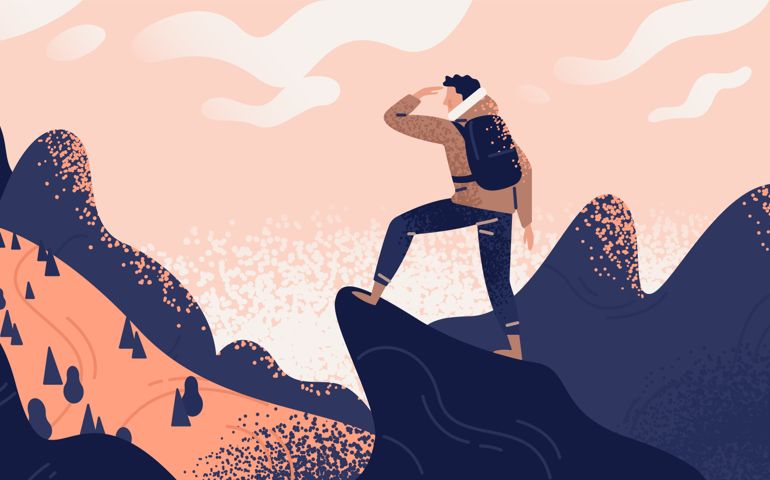 Concept of discovery, exploration, hiking, adventure tourism and travel