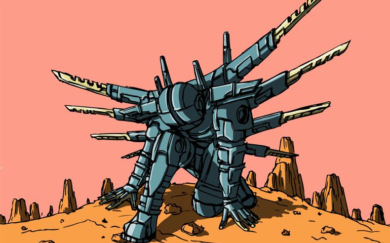 Vector mechanical anime character midst martian landscape