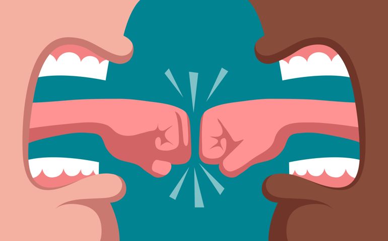 Wide-open mouths of white man and black man, and tongues in form of fists