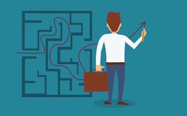 Illustration of man searching exit out of maze drawing strategy on blue background