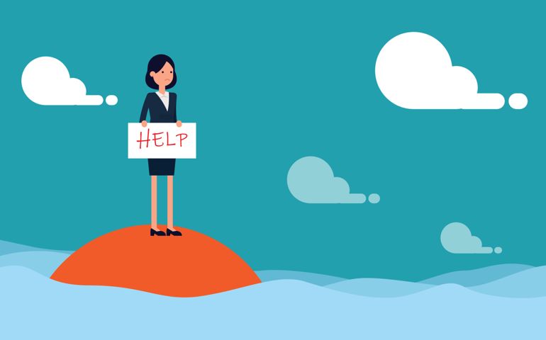 A woman holding help sign on deserted island