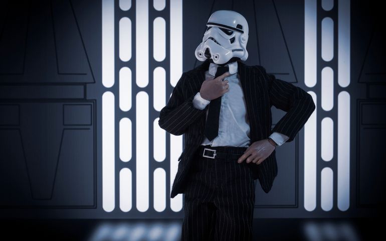 Dapper Star Wars Stormtrooper in a suit and tie