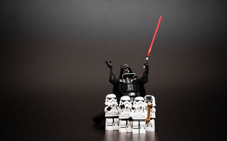 Group o Star Wars Lego Stormtroopers mini figures take a selfie with Darth Vader