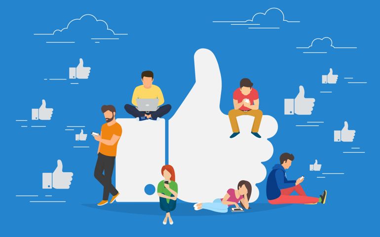 I like it concept illustration of young people using mobile gadgets such as laptop, tablet pc and smartphone for social networking and blogging