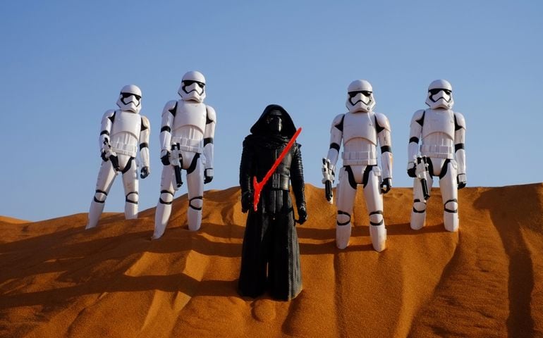 First Order Storm Troopers with Kylo Ren shot in a real red sand dunes desert landscape