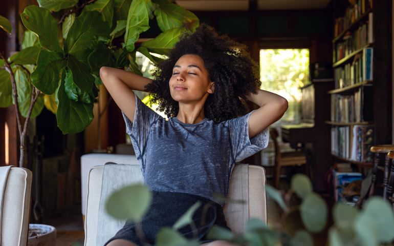 Young american woman enjoy some time in her house in Los Angeles, California.