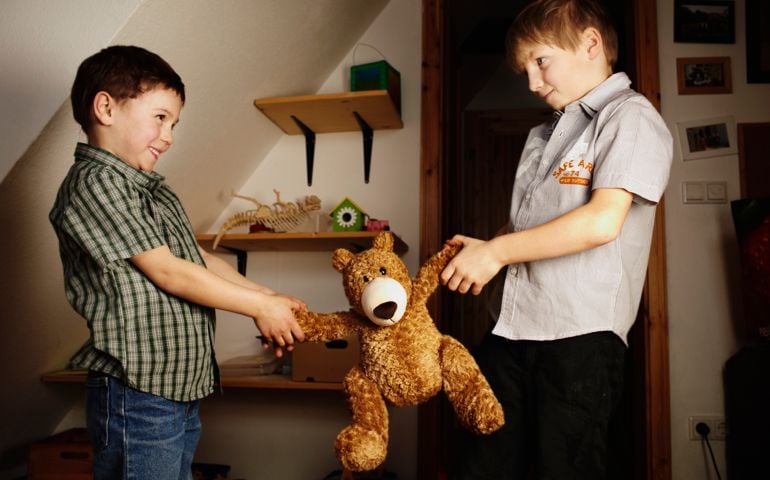 boys fighting for a stuffed bear