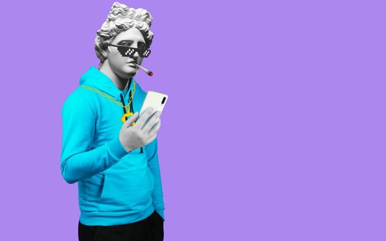 Modern art collage. Concept portrait of a man holding mobile smartphone using app texting sms message. Gypsum head of of Apollo. Thug life.