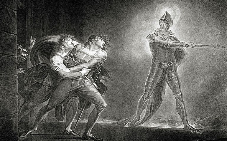 William Shakespeare 's play Hamlet - Act I Scene IV: Hamlet and the ghost of his father. English poet and playwright. 26 April 1564  23 April 1616. Artist: Henry Fuseli. Engraver: Thew.
