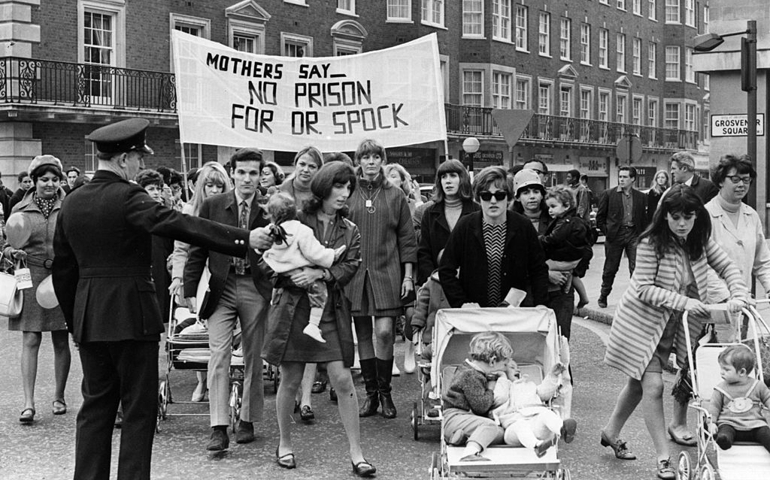 Actress Vanessa Redgrave (in centre wearing boots) among a group of mothers supporting expert Dr Benjamin Spock's appeal against his two-year jail sentence. They are marching to the American Embassy in Grosvenor Square, London.