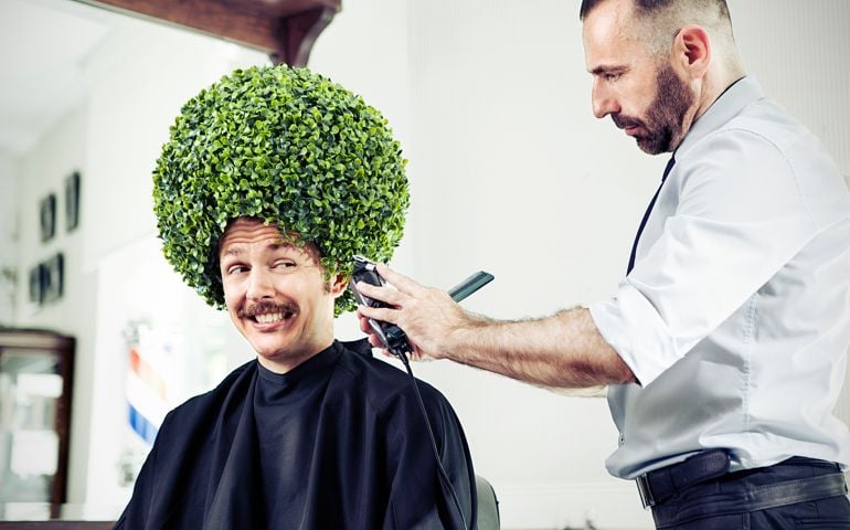 Man with grass hair receiving a hair cut