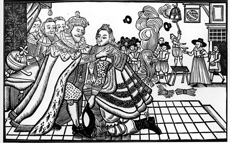 Circa 1610, James I King of England and VI of Scotland (1566 - 1625) crowned in 1603 with his son Henry who died in ( - 1612).