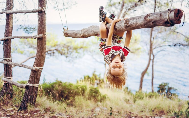 Boy hanging upside down on tree trunk