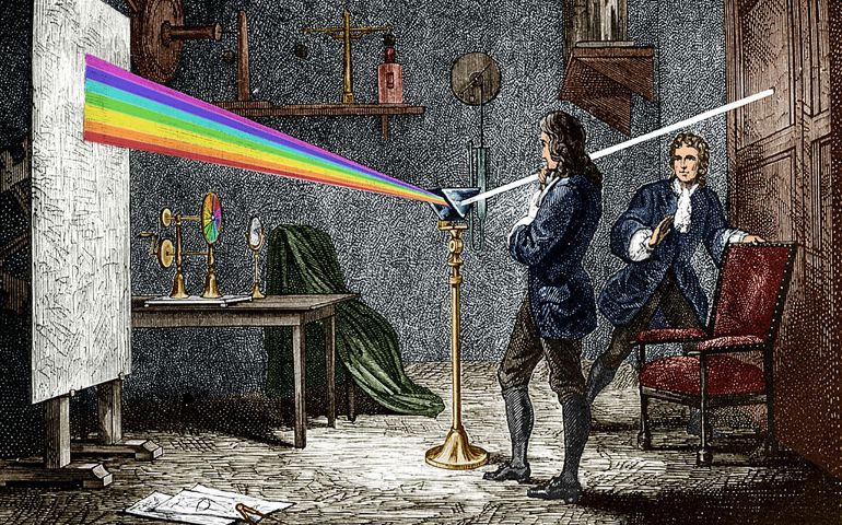 UNSPECIFIED - JANUARY 09: Isaac Newton (1642-1727) english mathematician, physicist and astronomer, author of the theory of terrestrial universal attraction, here dispersing light with a glass prism, engraving colorized document