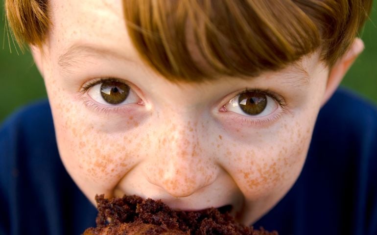 Boy Redhead & Funny Freckle Face Child Eating Unhealthy Chocolate Cupcake
