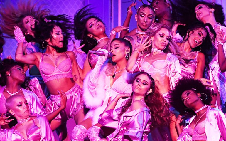 Ariana Grande (C) performs onstage during the 62nd Annual GRAMMY Awards at STAPLES Center on January 26, 2020 in Los Angeles, California.