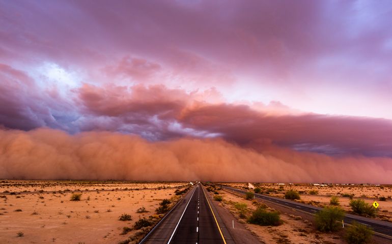 A dense haboob dust storm ahead of a monsoon thunderstorm in the Arizona desert.