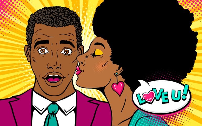 Happy african surprised man with open mouth and sexy womanwith afro hairstyle kissing him and Love you speech bubble