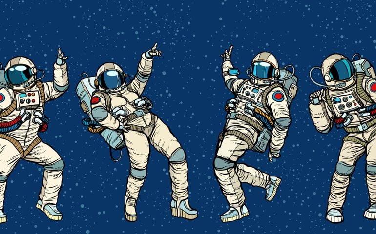 Disco party astronauts dancing men and women