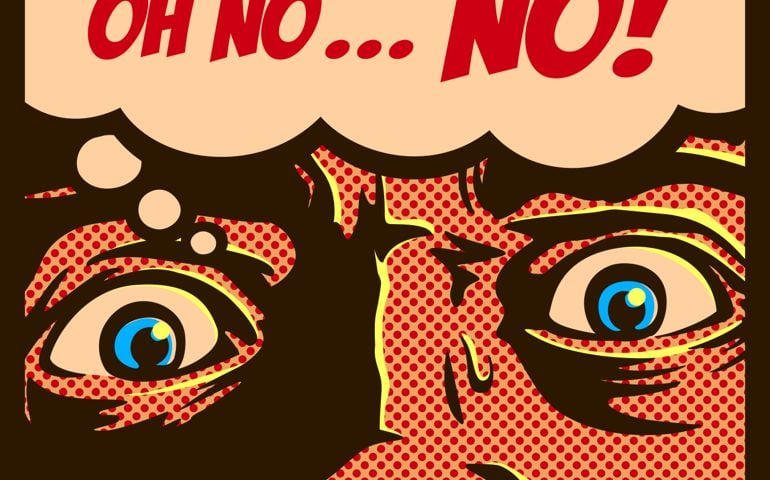 Pop art comic book panel with man in a panic with terrified eyes and face staring at something shocking or dreadful vector illustration