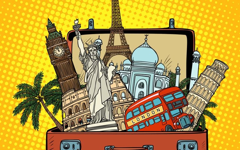Suitcase with world landmarks