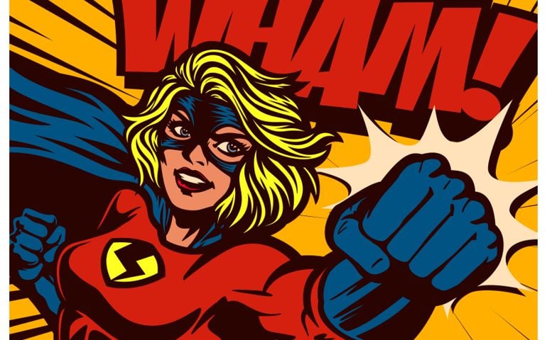 Pop art comic book style super heroine punching with female superhero costume poster design wall decoration illustration
