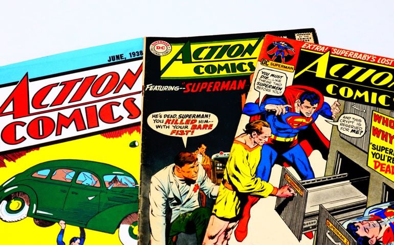 Covers of ACTION COMICS, American Comic book with Superman the first major superhero characters
