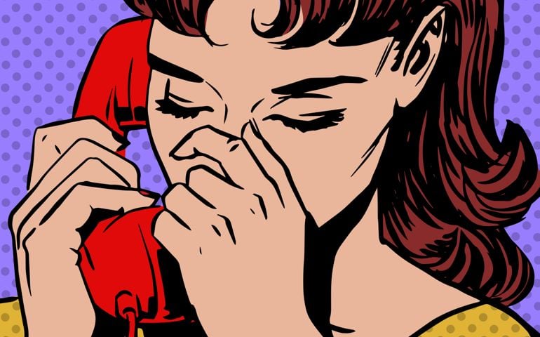 A woman speaks on the phone pop art comics retro style Halftone