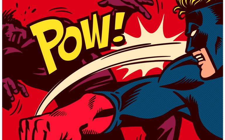 Pop art comic book style panel with superhero fighting