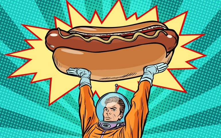 Cosmonaut and hot dog fast food. Pop art retro vector illustration