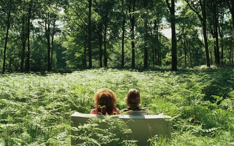 Young couple on sofa in forest glade, rear view