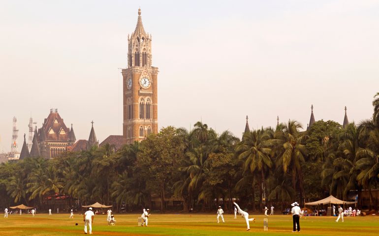 India, Maharashtra, Mumbai, Colaba district, Oval Maidan, and Rujabi Clock tower.