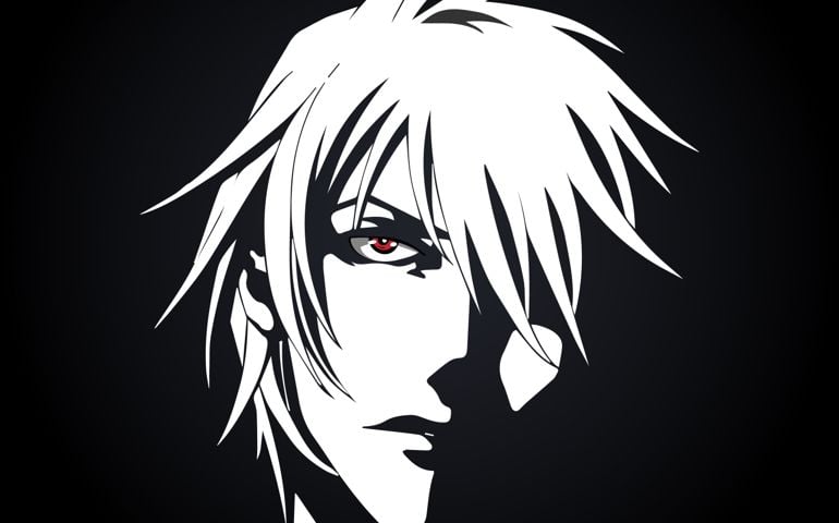 Anime face from cartoon with anime red eyes on black and white background
