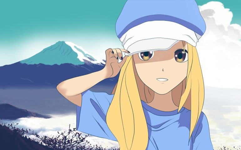 Anime Girl with Blonde Hair wearing a cap near Mount Fuji Japan