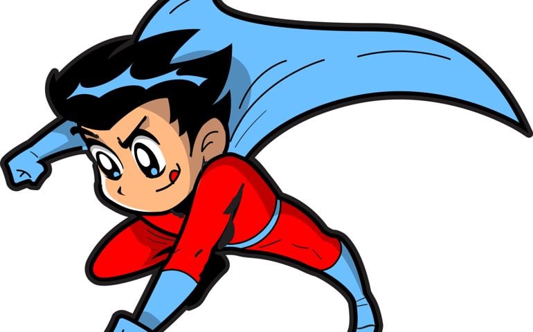 Anime Manga Boy Flying Superhero With Cape Making a Fist