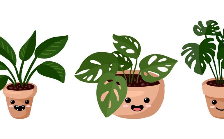 Set of hygge potted kawaii emoticon emoji succulent plants.