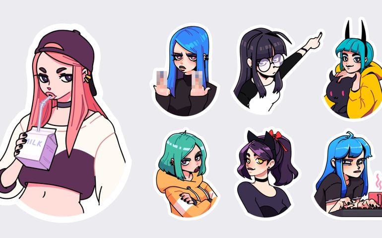 A set of cute stylish girls stickers in various clothes doing different activities with different expressions