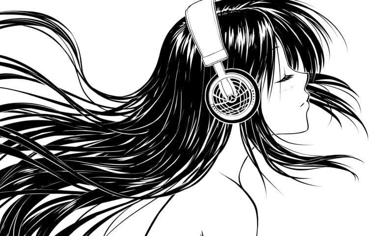 Relaxed anime girl in headphones listening to music