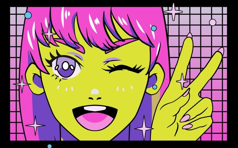 A colorful anime comic book style illustration showing a female kawaii character showing a hand gesture of the victory sign.