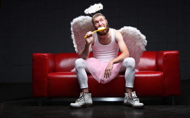 Tooth Fairy: brushing teeth with giant toothbrush